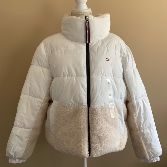 Color block Mixed Media Puffer Jacket Coat - Picture 1 of 11